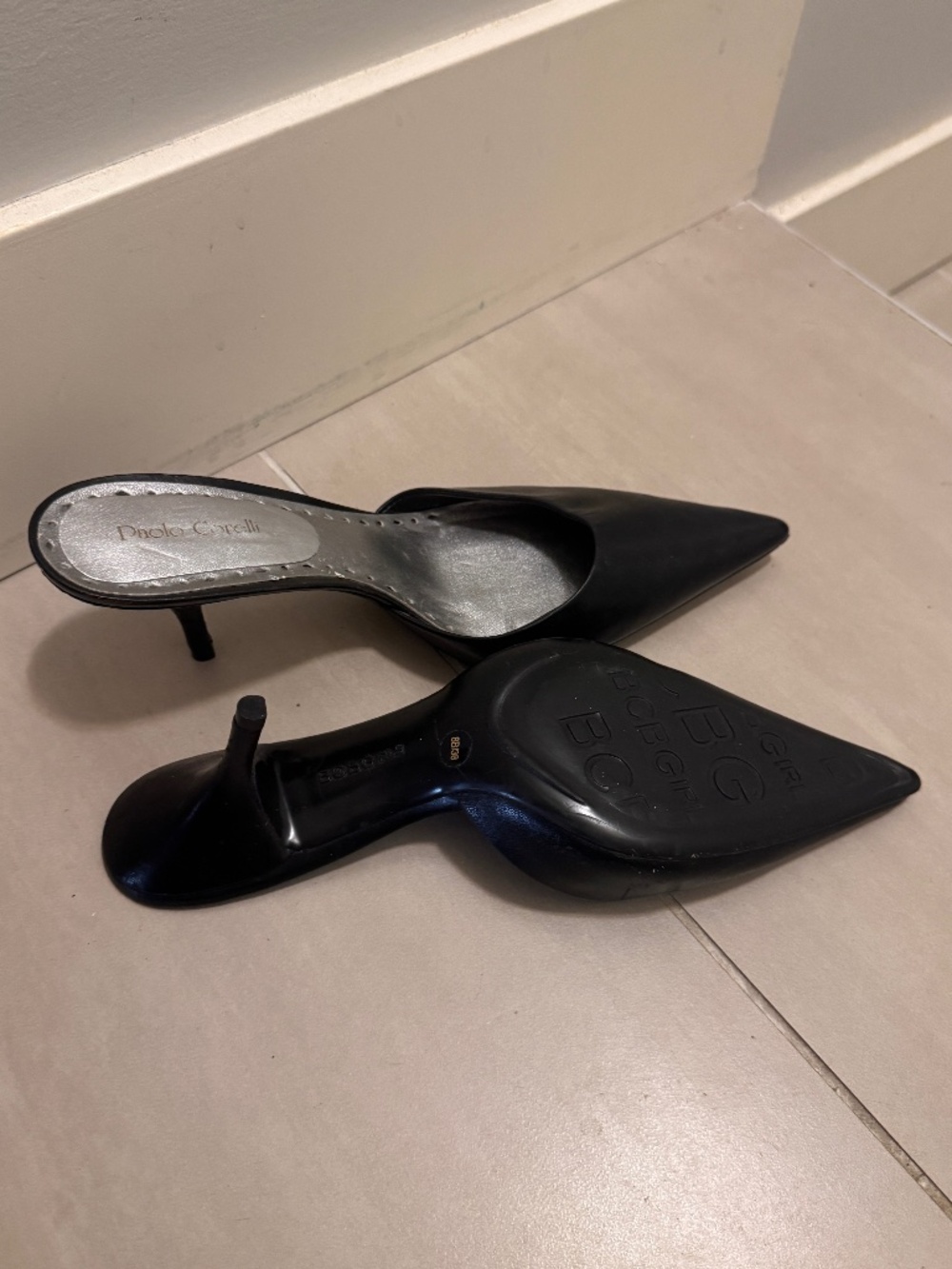 BCBGirls Paolo Corelli Black Pointed-Toe Kitten Heel Mules - Size 8.5 (38)